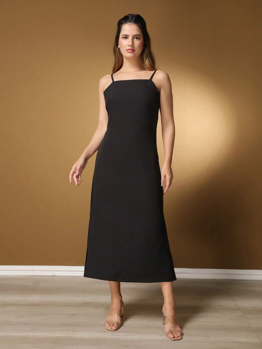 Tailored Dress With Straps And Knot Detail On The Back, With Openwork Cutout, Fitted Waist And Straight Silhouette, Midi Length Dress For Sisters - Black - View 1