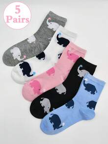 5 Pairs Women High Waist Patterned Mid-Calf Socks, Fashionable Elephant Design - Multicolor - View 2