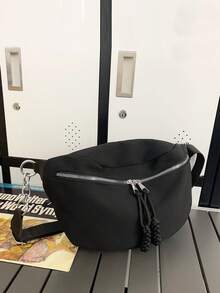 Fashion Fabric Chain Tassel Crossbody Bag, Dumpling Shaped Casual Sports Bag, Couple Shoulder Bag Belts