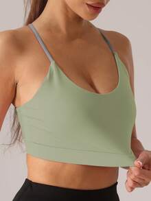 1件装女士六根细带扇形吊带支撑瑜伽运动文胸，轻薄衬垫无钢圈无缝夏季运动文胸 - 綠色 - 查看 4