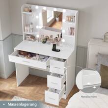 Schminktisch mit Spiegel und Beleuchtung, Schminktisch mit 4 Schubladen, 4 offenen Regalen, 5 Schmuckhaken für Schlafzimmer, Weiß