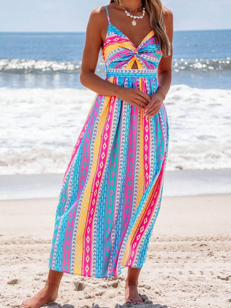 boho cutout dress popvil Printed Front Twist Maxi Navy Race Day Dresses Brown Derby Shoes or keep it light Size:US 26Plus  / UK 30 / EU 56