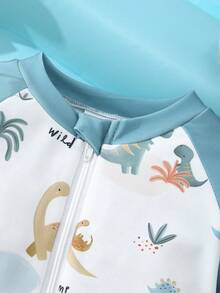 Baby Boy Cute Dinosaur All-Over Print Zipper Half-Zip Long Sleeve Romper Swimsuit+Stretch Sun Hat - Multicolor - View 4