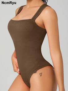 1pc Women's Soft Rib-Knit Skinny Spaghetti Strap Jumpsuit Shape-Wear - Brown - View 1