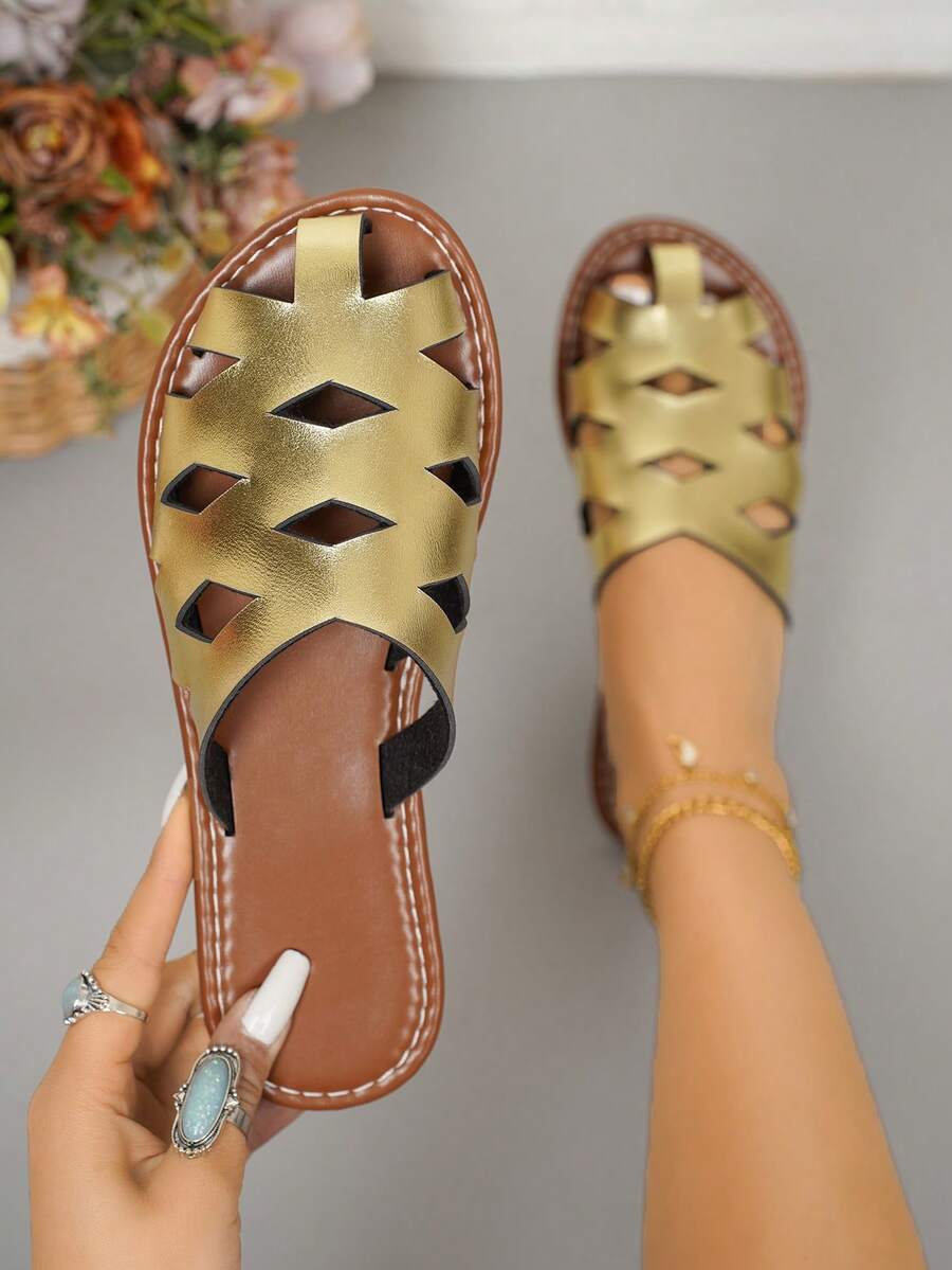 Sandalias de verano para mujer de talla grande, diseño minimalista de moda, cómodas, de punta cerrada, de malla, huecas, transpirables, antideslizantes, ligeras, para la playa y uso al aire libre, en negro y marrón - Dorado - Ver 1