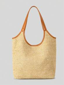 مجموعة من قطعتين حقيبة قش مضفرة ذات طباعة حرفية، طراز إنزلياني شائع، حقيبة كتف أنثوية لفصل الصيف، حقيبة شاطئ للأمهات