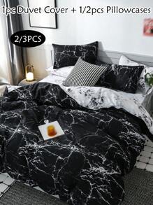 Juego de ropa de cama de 2/3 piezas con estampado de mármol negro, de estilo moderno y lujoso para usar todo el año en el dormitorio, con cierre de cremallera y lavable a máquina (1 funda nórdica + 1/2 fundas de almohada)