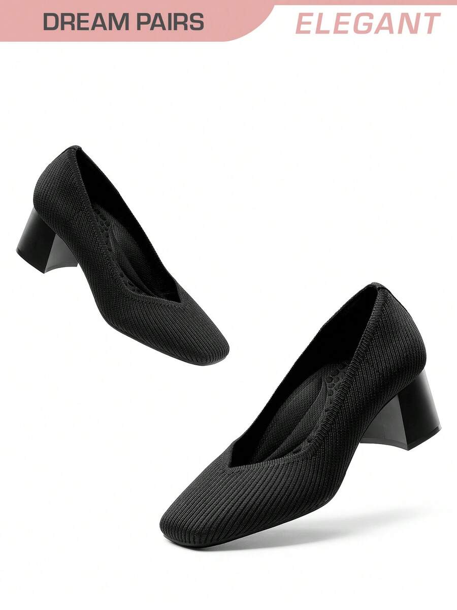 Women's Square Toe Chunky Heels Pumps Comfortable Knitted Closed Toe Fashionable Elegant Casual Holiday Work Dress Shoes Black - 黑色 - 查看 1