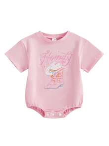 Conjunto de ropa occidental para recién nacidos niñas, mamelucos de manga corta con diseño de botas de vaquera "Howdy", body y pantalón corto estilo bombachos para verano - Rosa - Ver 3