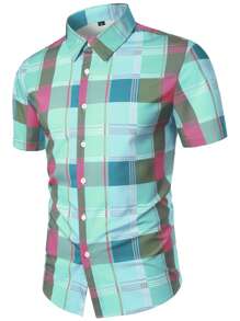 Camisa de manga corta de verano para hombre con estampado a cuadros de moda