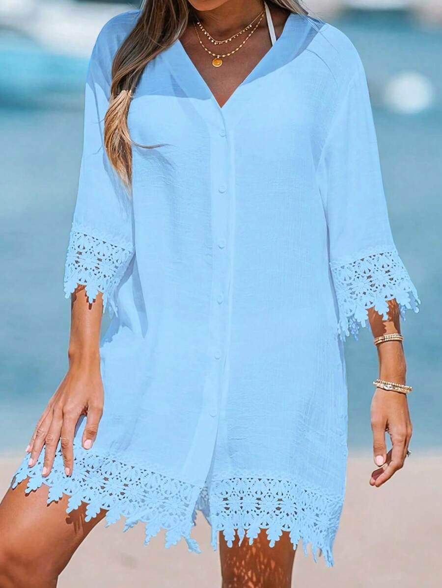 Women's Vacation Solid Color Lace Cuff Single Breasted Long Shirt Spring