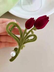1件優雅紅色合金植絨鬱金香仿珍珠髮飾髮夾，時尚高端大花髮夾髮飾 - 綠色 - 查看 3