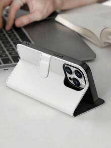 White Multifunctional Wallet-Style PU Phone Case, Compatible With IPhone 11/12/13/14/15 Pro Max, Suitable For Daily Use Wallet-Style Flip Phone Case, Compatible With Samsung Galaxy A55/A54/A53/A52/A51/A14/A15/S22/S23/S24 Ultra, Can Hold Credit Cards OnePlus N200 5G/N20/N30/Ace/Ace2/11/10 Genuine Leather Phone Case With Kickstand - White - View 3