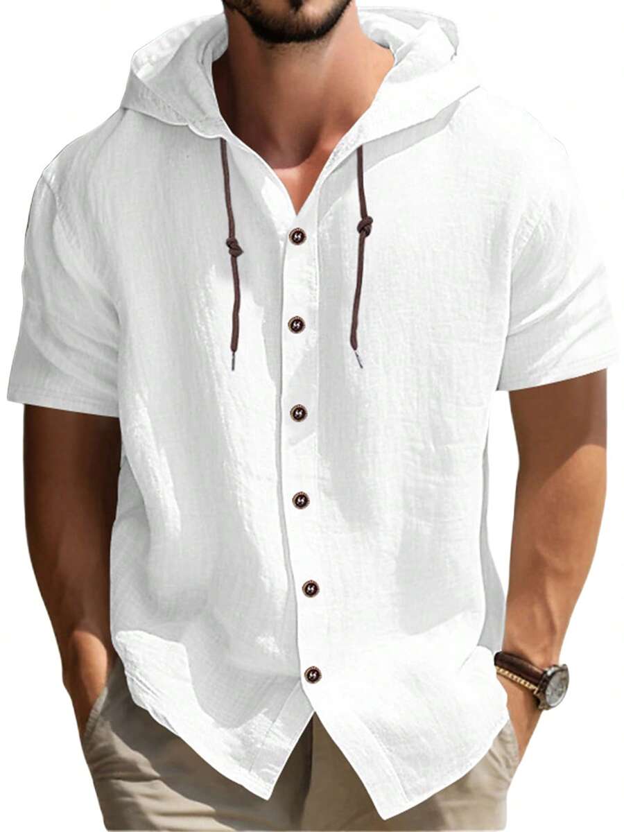 Men Summer Hooded Shirt Casual Solid Color Button Down Short Sleeve Hoodies Tops Streetwear