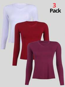 Kit 3 Women's Basic Long Sleeve V-Neck Blouses - Vino blanco-tinto - Ver 1