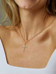 1pc Cross Necklace For Women,14K Gold Plated Cross Pendant Necklace Dainty Gold Cross Necklaces For Women Small Cross Charm Necklace Simple Cute Choker Necklaces Gold Jewery - 金色 - 查看 2