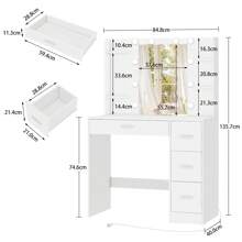 Schminktisch mit Spiegel und Beleuchtung, Schminktisch mit 4 Schubladen, 4 offenen Regalen, 5 Schmuckhaken für Schlafzimmer, Weiß