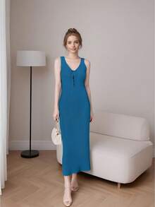 Women Long Dresses - 深色水洗藍 - 查看 1