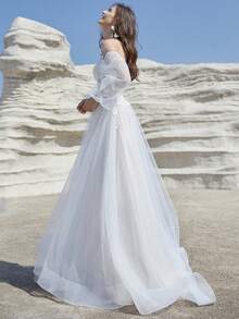 露肩长袖蕾丝刺绣紧身胸衣搭配闪亮薄纱，适合婚礼派对户外花园婚纱，女士拉链后背舞会礼服婚礼正式礼服带拖尾，新娘 - 白色 - 查看 7