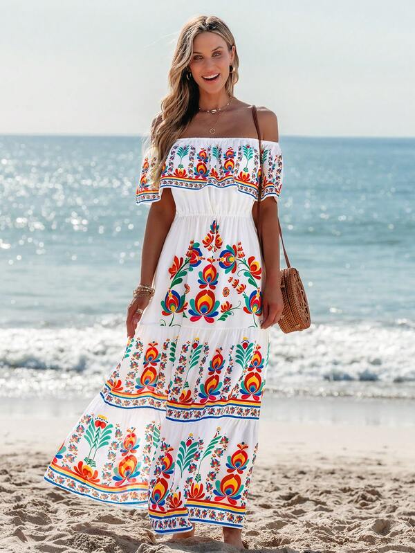 popvil Floral Off Shoulder Ruffled Beach Vacation Long Dress