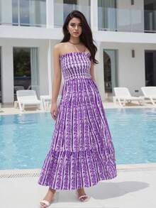 Strapless Dress For Women Ruffled Trim Flower Plant Pattern Sleeveless Tube Smocked Long Dress - Purple - View 3