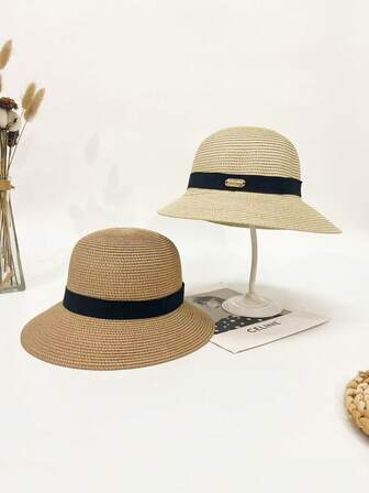 1 pieza Nuevo sombrero de paja de primavera para mujer con banda tejida, sombrero de trenza de paja de unicolor transpirable con un elegante ala ancha, ligero y cómodo, de alta calidad con protección solar para uso al aire libre, uso diario, viajes y caminatas