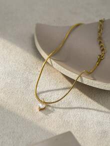 1pc Minimalist Gold-Tone Jewelry Stainless Steel Heart Pendant Bracelet, Cubic Zirconia Inlaid, Luxury Gift For Women - Yellow Gold - View 3