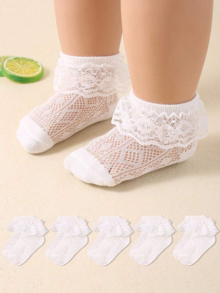 Baby's 5 Packs Lace Trimmed Mesh Socks For Daily Wear,Flower Girl Basket Wedding - White - View 1