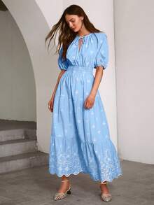 Simplee Women's Summer New Embroidery Lantern Sleeve Tie-Up Long Dress, Suitable For Party, Wedding Guest, Vacation, Music Festival, Back To School - Blue - View 1