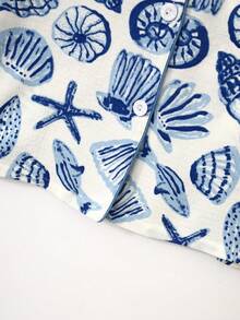 2pcs/Set Women's Blue Shell Print Summer Pajamas, Short Sleeve Button-Up Collared Shirt And Bowknot Shorts, Casual Loungewear For Spring & Summer - Blue - View 7