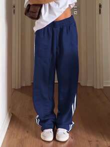 Women's Side Striped Pants Loose Elastic Waist Drawstring Straight Leg Casual Sweatpants With Pockets Y2k Track Pants Baggy Striped Joggers