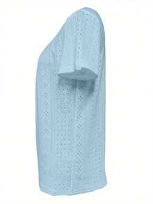 Perforated Embroidered Square Neck T-Shirt, Casual Short Sleeve Front Ruched Top, For Women, Spring/Summer - Sky Blue - View 3