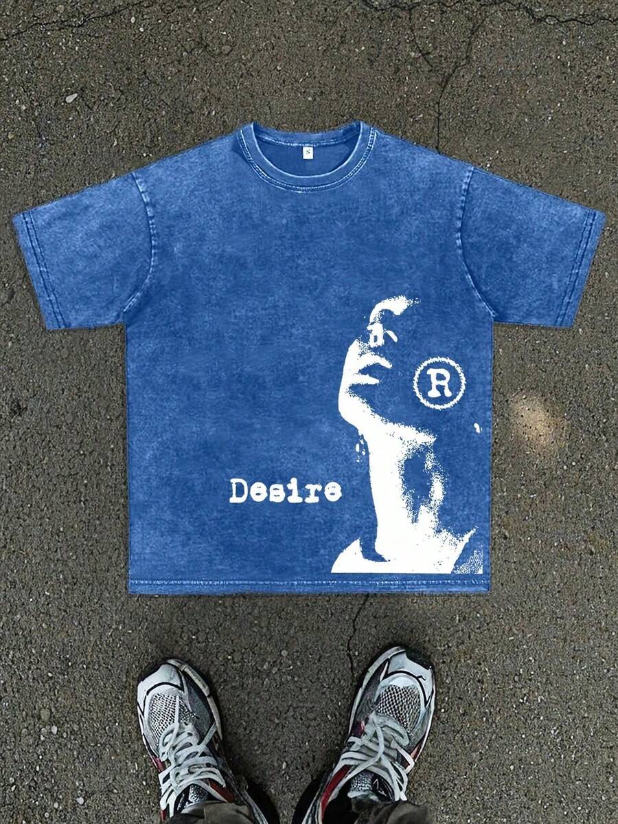 Mysterious Desire Portrait Graphic Printed Men's Vintage Washed Cotton Tee Oversized Street Style Casual Summer T-Shirt - 寶藍色 - 查看 1