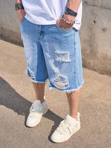 Men's New Casual Loose Ripped Knee 5-Inch Denim Shorts, & Slimming - Mint Blue - View 3