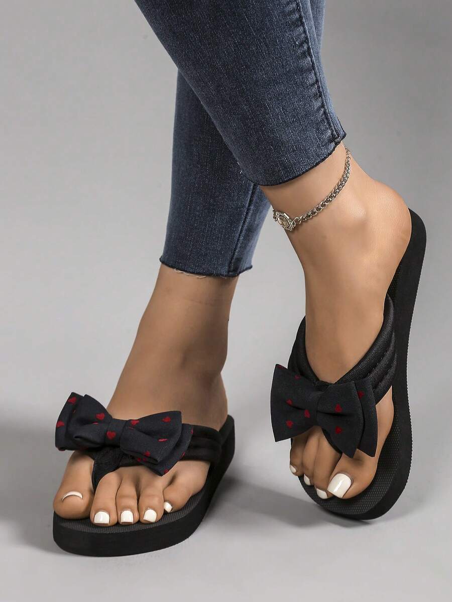 Women's Bow Decor Slippers, Black Flat Sandals For Women, Suitable For Beach Vacation - Black and Red - View 1