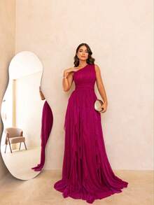 One-Shoulder Layered Bridesmaid Prom Dress - Màu đỏ tía có độ bóng - Xem 1
