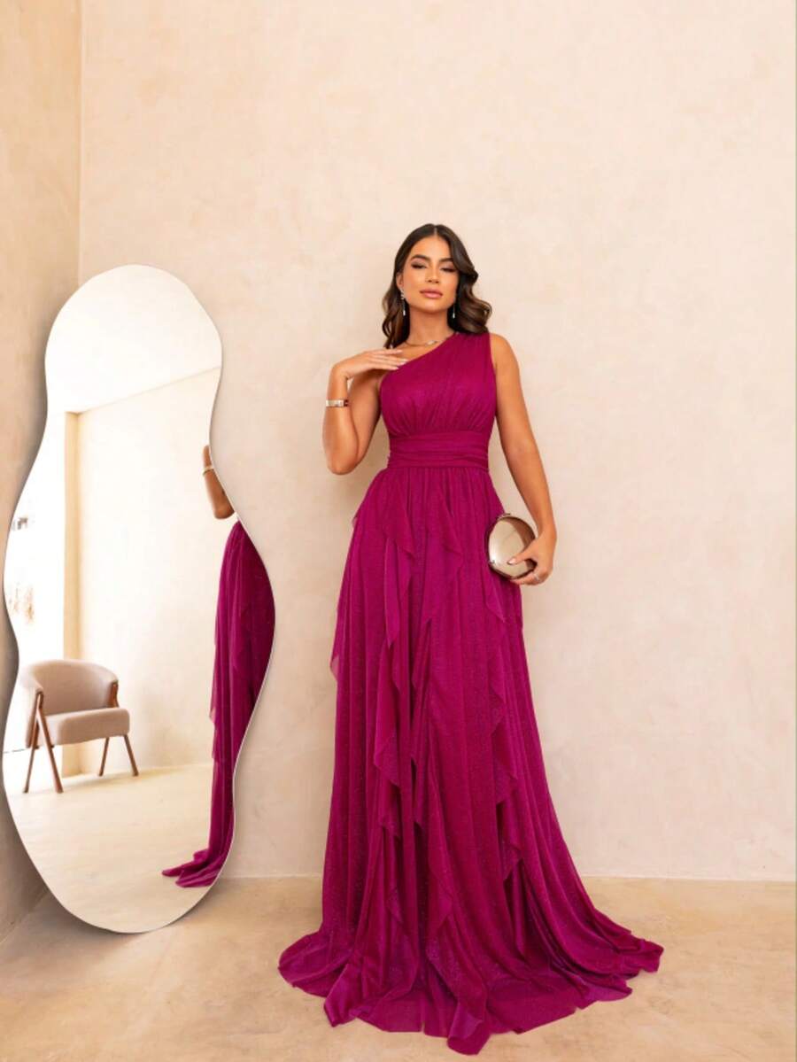 One-Shoulder Layered Bridesmaid Prom Dress - Màu đỏ tía có độ bóng - Xem 1