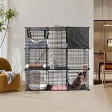 BreeRainz Jaulas para gatos de interior, recinto de 3 niveles para armar uno mismo con hamaca grande, caseta de alambre de metal para mascotas, caja de arena, cama, rascadores, cuenco y escaleras para 1 o 2 gatos. - Negro - Ver 2