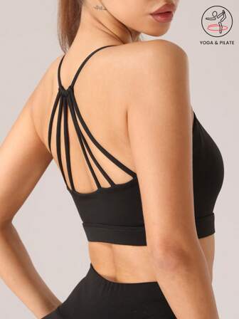 1pc Women Strappy Racerback Yoga Sports Bra With Removable Pads, Shockproof Wireless Fitness Bra
