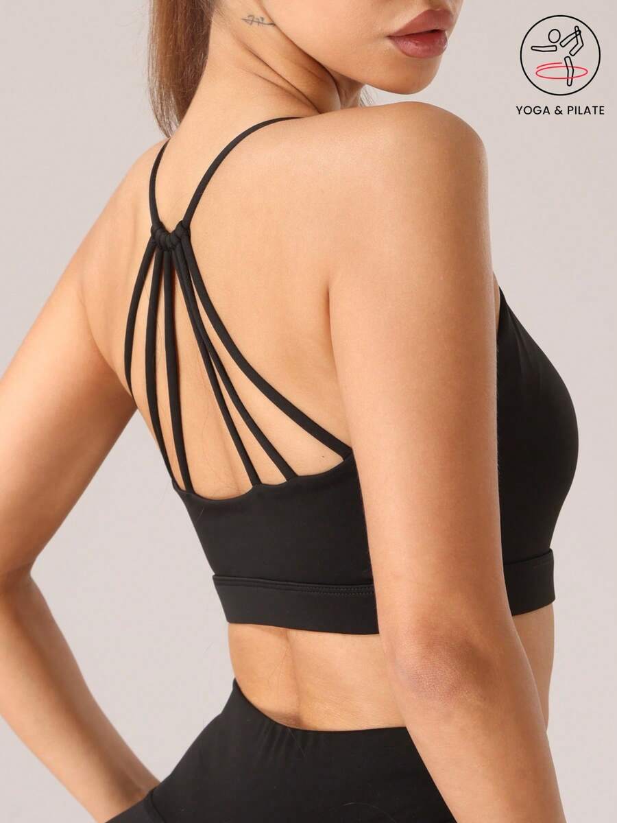 1pc Women Strappy Racerback Yoga Sports Bra With Removable Pads, Shockproof Wireless Fitness Bra