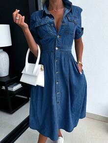Women's Denim Shirt Dress V-Neck Short Sleeved Waist A-Line Jeans With Pockets Dress - Rửa tối - Xem 5