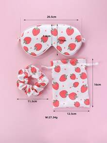1set Strawberry Printed Hair Scrunchie, Eye Mask, & Storage Bag, Polyester Fabric, Cute Accessory Set For Daily Use - Rose Red - View 6