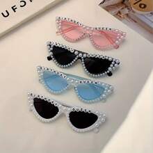 1 Pair Women's New Full Frame Cat Eye Style Glasses Fashion 'Birthday Queen' Letter Frame Retro White Glasses Artificial Pearl Decoration Multi-Color Unique Glasses Suitable For Birthday Party - 黑灰色 - 查看 10