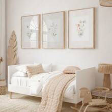 3 套无框波西米亚风植物花卉墙面艺术帆布海报复古印刷简约米色野花幼儿园绘画女孩房间装饰，现代家居装饰 - 彩色 - 查看 3