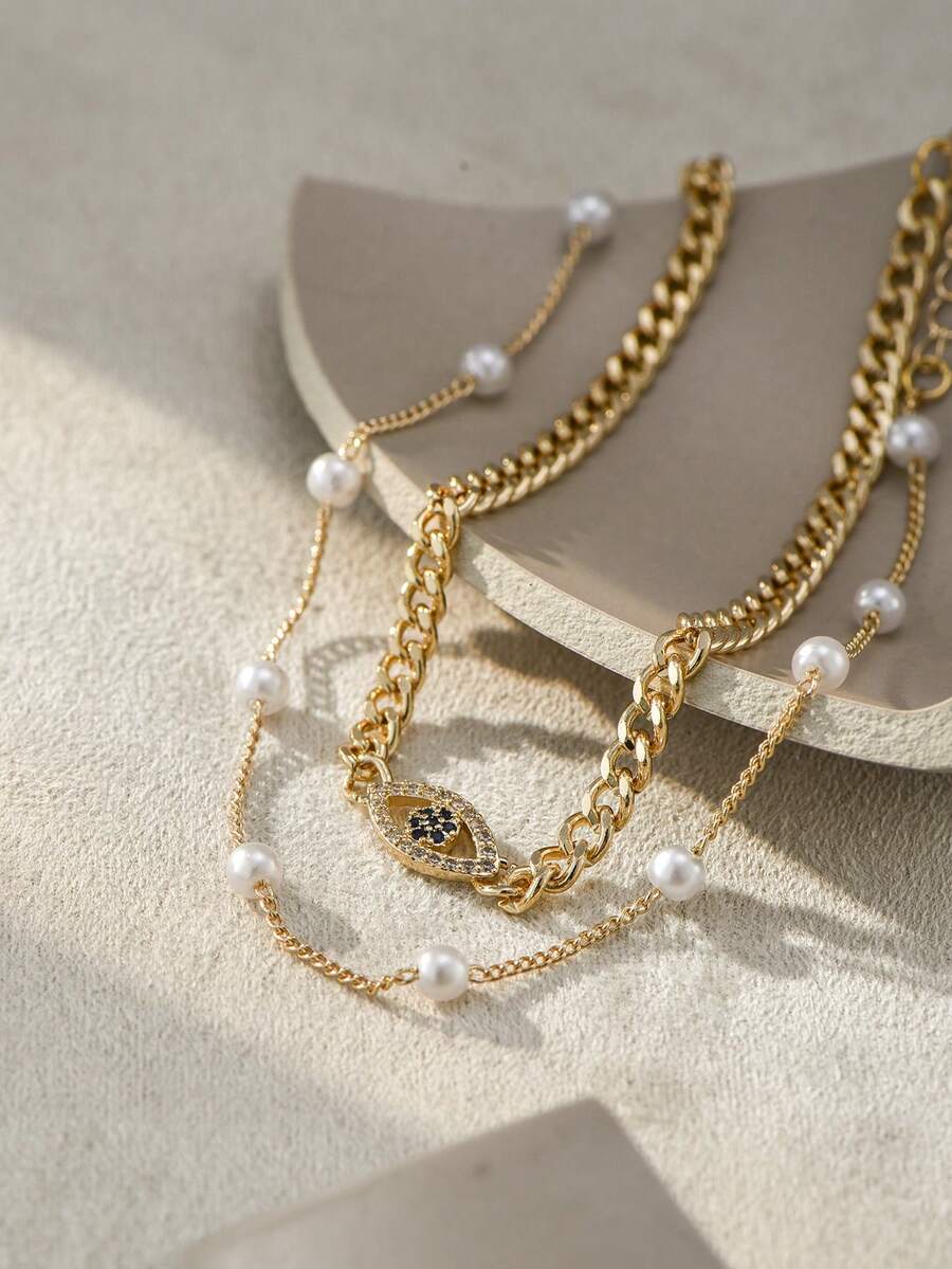 2 Pcs Gold Minimalist Chain Anklets With Cubic Zirconia,Demon Eye & Pearl Decorations, Unique Women Jewelry Gift - Yellow Gold - View 1
