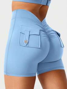 YEOREO Pink Shorts Workout Shorts With Pockets For Women V Back Scrunch High Waisted Shorts Charm Gym Yoga Biker Shorts - 淺藍 - 查看 3