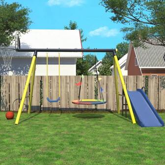 Swing Set With Metal Frame, Nest Tree Swing, Plastic Single Swing, Basketball Hoop, Slide, Backyard Playground Outdoor Play Frame Toy, Yellow