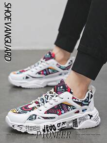 (Kích thước nhỏ hơn) Giày thể thao nam họa tiết graffiti màu tương phản, giày thể thao nam dáng rộng thoải mái, phù hợp cho cả ngày và đêm, giày thể thao đôi đa năng - Trắng và vàng - Xem 3