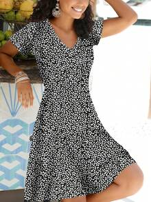 Fashionable Ditsy Floral Lightweight Elegant Dress, Suitable For Casual, Vacation, Home, Work, Wedding, Party, Beach, Sleepwear. Recommended For Lightweight, Comfortable, Versatile Wear - Black - View 5