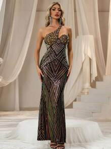 Fall Clothes Plus Size Or Women Autumn Women's One Shoulder Pearl Sequin Rhinestone Fishtail Hem Slim Fit Dress. For Wedding (Bridesmaid, Guest Wear), Party, Formal Dinner, Easter, Rave, Prom, Festival, Graduation